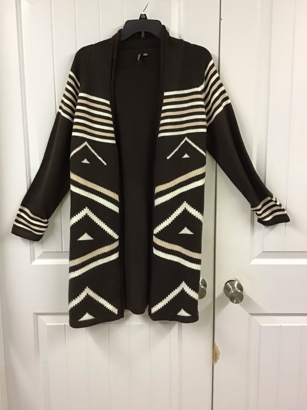 Ethyl Brown Open-Front Geometric Pattern Cardigan